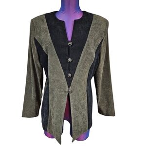 Vintage DJ Summers 90s‎ Olive & Black Faux Suede Blazer Size 14P Women's M42